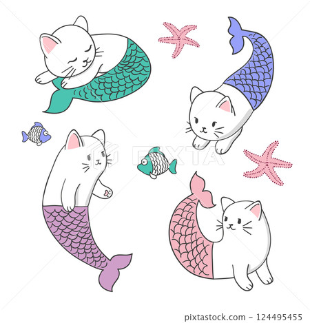 Set of cute cat mermaid. Sea vector collection for kids Set of cute cat mermaid. Sea vector collection for kids 124495455
