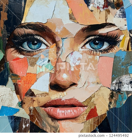 Collage portrait painting facial closeup eye contact print design art poster Collage portrait painting facial closeup eye contact print design art poster 124495492