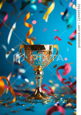 Golden trophy and streamers in sport competition with blue background 124495502