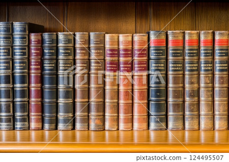 many books on a shelf in a library 124495507