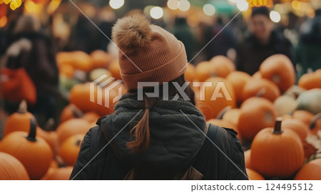 pumpkins on a pumpkin patch farm autumn fall festival with lights and people 124495512