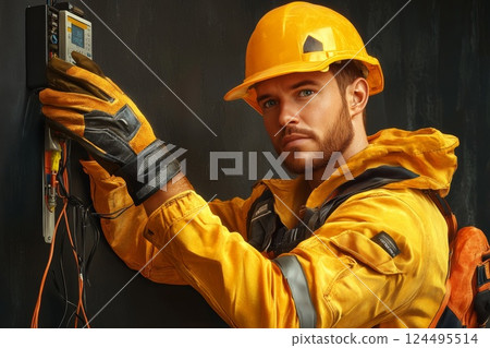 Repairman fixing a broken electric boiler or furnace Repairman fixing a broken electric boiler or furnace 124495514