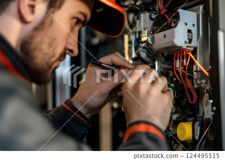 Repairman fixing a broken electric boiler or furnace Repairman fixing a broken electric boiler or furnace 124495515
