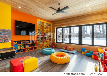 children's play area, with bright, playful colors, toys, and kid-friendly furniture children's play area, with bright, playful colors, toys, and kid-friendly furniture 124495529