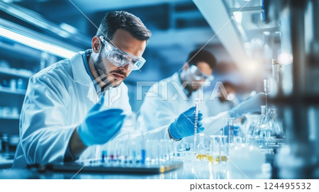 lab worker in a medical lab coat with test tubes 124495532