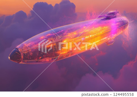 futuristic glowing airship in flight 124495558