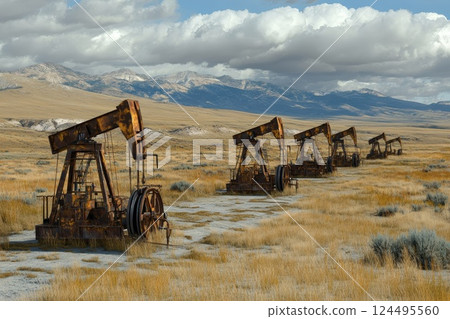 gas rigs on the plain, beautiful lighting 124495560