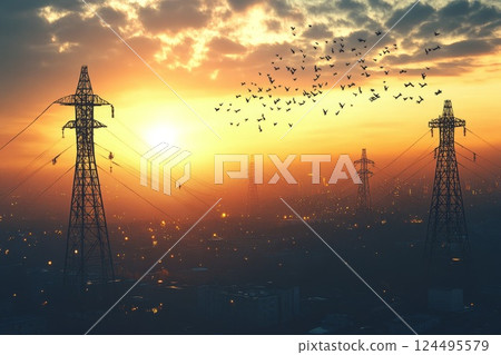 high voltage power lines at sunset 124495579