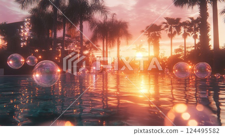 Beach, pool party in club, summer background, palm trees, soap bubbles Beach, pool party in club, summer background, palm trees, soap bubbles 124495582