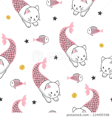 Seamless cartoon cat mermaid and fish pattern 124495596