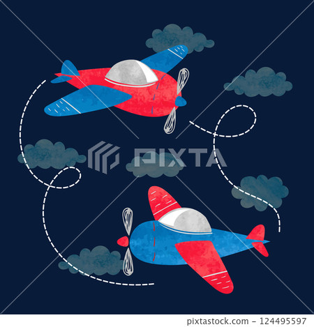 Cartoon watercolor airplanes vector illustration for kids design 124495597