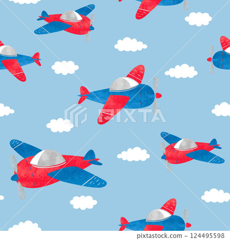 Seamless childish pattern with watercolor planes and clouds Seamless childish pattern with watercolor planes and clouds 124495598