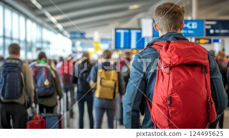 many people wait in long lines at the airport before boarding a plane 124495625