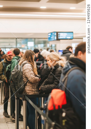 many people wait in long lines at the airport before boarding a plane 124495626