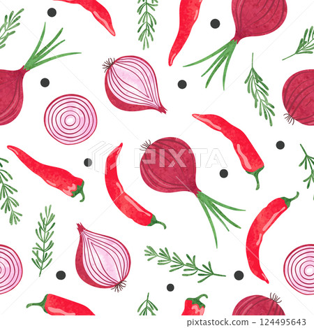 Seamless watercolor vegetable pattern with red onion, hot pepper and rosemary 124495643