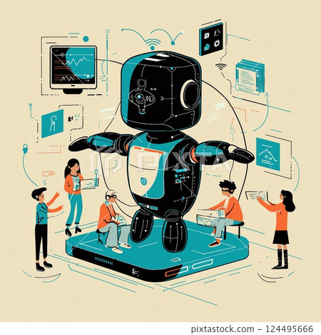Engaging Diverse Kids and Young Adults with Friendly AI Robots in a Colorful Minimalist Illustration Engaging Diverse Kids and Young Adults with Friendly AI Robots in a Colorful Minimalist Illustration 124495666