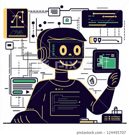 Friendly AI Assistant with Smiling Face Surrounded by SaaS Tool Icons in Cartoonish Pastel Style 124495707