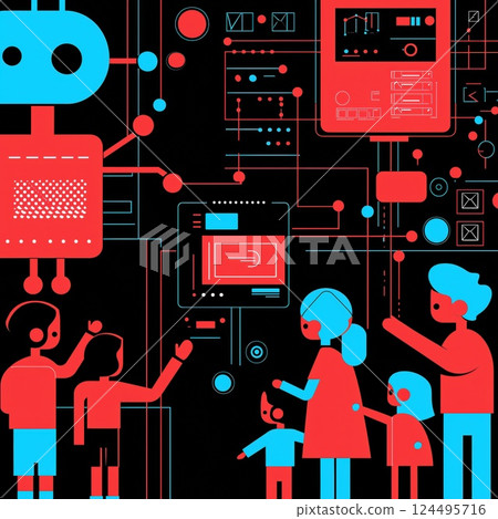 Joyful Kids and Young Adults Engaging with Friendly AI Robots in a Fun Colorful Minimalist Design Joyful Kids and Young Adults Engaging with Friendly AI Robots in a Fun Colorful Minimalist Design 124495716