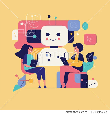 Modern Flat Illustration of a Cheerful AI Chatbot Assisting Users with Vibrant Colors and Simplistic UI Design 124495724