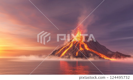 Stunning Panoramic View of Volcanic Island Formation Black Rock Cooling Molten Lava and Glowing Embers 124495732