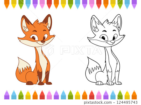 Whimsical foxes smile beside markers. Ideal for educational material or coloring pages, designed with a simple, friendly aesthetic. 124495743