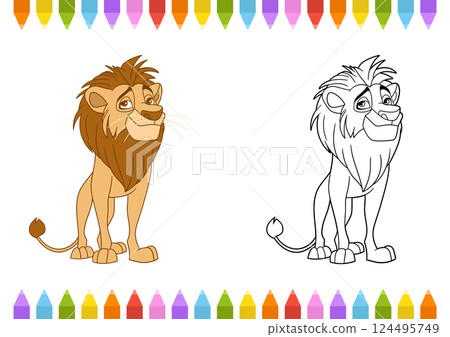 Cartoon lion on white background. One side is fully colored and the other side is a black and white outline to be colored in. 124495749