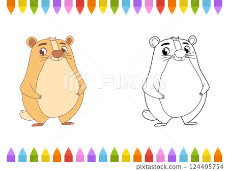 Chubby, cartoon groundhog and groundhog outline for coloring. Top and bottom are colorful crayons, ready for an art project. 124495754