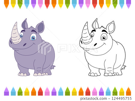 A split-image: a cartoon rhino is colored in muted lilac, while its counterpart awaits coloring, nestled between colorful pencils. 124495755