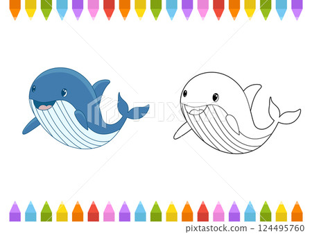 A whimsical illustration showcases a friendly blue whale alongside its black-and-white counterpart, perfect for a children's coloring page. A whimsical illustration showcases a friendly blue whale alongside its black-and-white counterpart, perfect for a children's coloring page. 124495760
