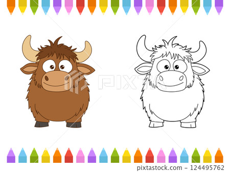 Cute yak illustration with one colored version and one black and white coloring version, colorful crayons along the top and bottom. Cute yak illustration with one colored version and one black and white coloring version, colorful crayons along the top and bottom. 124495762