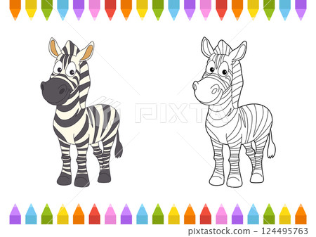 Cartoon zebra illustration with black and white stripes, perfect for coloring, educational resources, or children's storybooks. 124495763