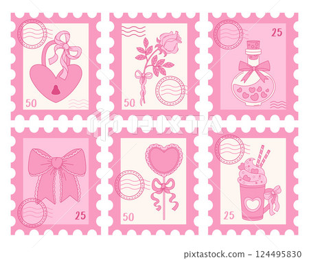 Romantic Pink Postage Stamps set. Vintage Coquette Ribbon Bow, Heart Lock, Flower Rose, Magic Elixir Potion and Sweet Dessert. Girly Vibe. Isolated Trendy Aesthetic accessories for Design love theme Romantic Pink Postage Stamps set. Vintage Coquette Ribbon Bow, Heart Lock, Flower Rose, Magic Elixir Potion and Sweet Dessert. Girly Vibe. Isolated Trendy Aesthetic accessories for Design love theme 124495830
