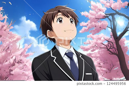 Graduation and entrance day, boy looking up at the blue sky, Japanese anime style 124495956
