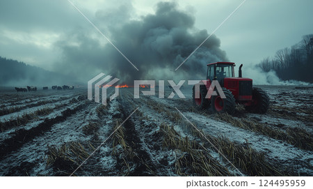 Heavy machinery transporting culled cows during foot-and-mouth disease outbreak. created with Generative AI technology. 124495959