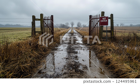 Entrance to a farm affected by a foot-and-mouth disease outbreak. Created with a Generative AI technology. Entrance to a farm affected by a foot-and-mouth disease outbreak. Created with a Generative AI technology. 124495961
