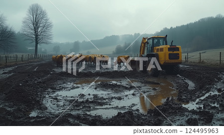 Heavy machinery transporting culled cows during foot-and-mouth disease outbreak. created with a Generative AI technology. Heavy machinery transporting culled cows during foot-and-mouth disease outbreak. created with a Generative AI technology. 124495963