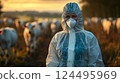Veterinarian in protective suit during foot-and-mouth disease outbreak. created with Generative AI technology. 124495969