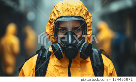 Veterinarian in protective suit during foot-and-mouth disease outbreak. created with Generative AI technology. 124495971
