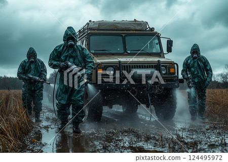 Disinfection of vehicles and roads during foot-and-mouth disease outbreak. created with Generative AI technology. 124495972