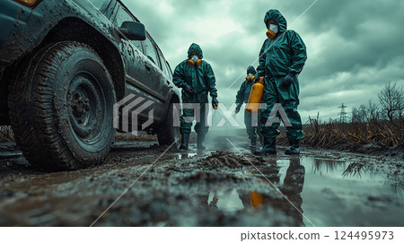 Disinfection of vehicles and roads during foot-and-mouth disease outbreak. created with Generative AI technology. 124495973