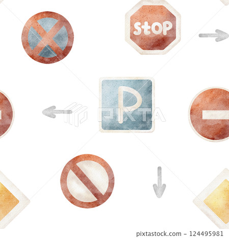 Watercolor pattern city road signs, car parking, stop entry. Seamless print children's cartoon style. Illustration on isolated background for design, fabric, clothes, textile packaging cards printing 124495981