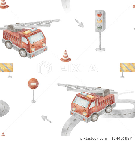 Pattern watercolor fire car, traffic light, road signs. Seamless print children's transport cartoon style. Illustration on background for design, fabric, baby clothes textile packaging cards wallpaper 124495987