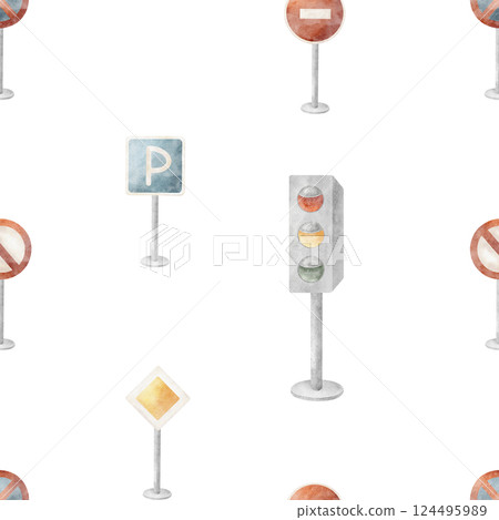 Watercolor pattern city road signs, traffic light. Seamless print educational children's cartoon style. Illustration on isolated background for design, fabric, baby clothes, textile, cards, wallpaper Watercolor pattern city road signs, traffic light. Seamless print educational children's cartoon style. Illustration on isolated background for design, fabric, baby clothes, textile, cards, wallpaper 124495989