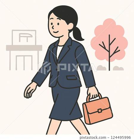 A new working woman walking through the city in spring | Illustration of a businesswoman going to work in a suit 124495996