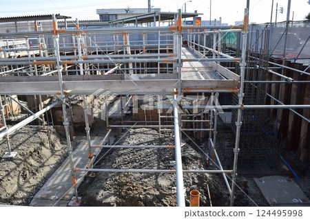 Scaffolding installed at construction site Scaffolding installed at construction site 124495998
