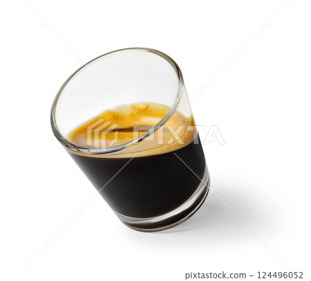 Small glass coffee angling, dark espresso revealing golden crema layer, isolated on white background Small glass coffee angling, dark espresso revealing golden crema layer, isolated on white background 124496052