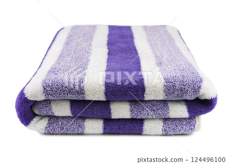 Carefully folded soft striped bath purple towel isolated on white background 124496100