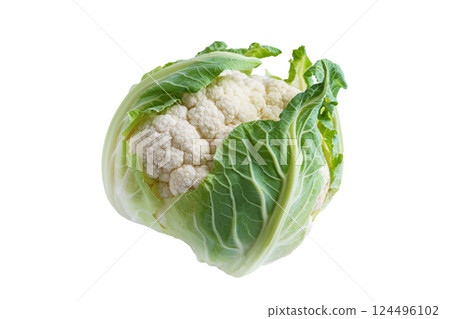 Whole head of organinc fresh raw cauliflower with green leaves isolated on white background 124496102