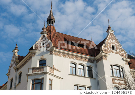 Ornate Art Nouveau Building with Decorative Gables in Riga Ornate Art Nouveau Building with Decorative Gables in Riga 124496178