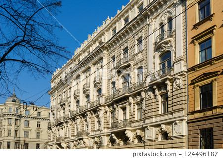 Old ancient Ornate Art Nouveau Facade  in Riga 124496187
